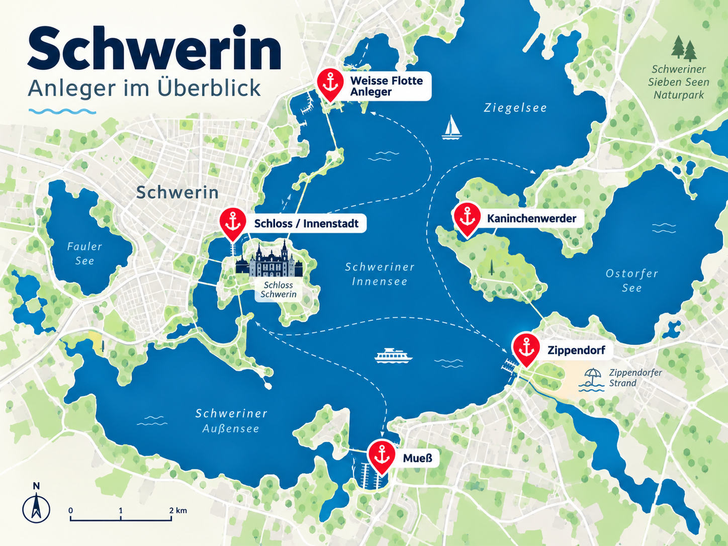 Illustrierte Wasserkarte von Schwerin mit Schweriner Seen, Schlossumfeld und markierten Anlegerlagen für Bootstouren.