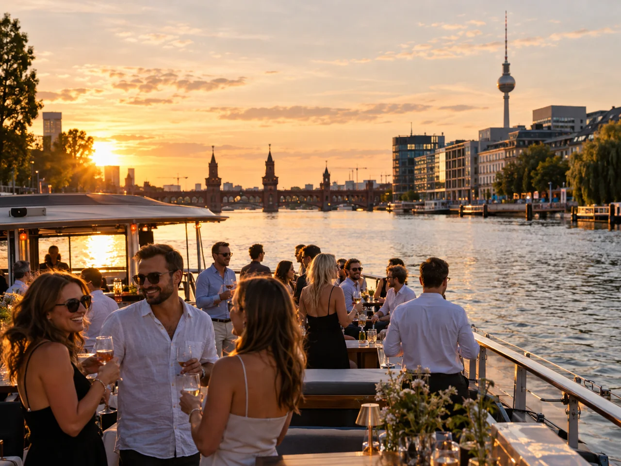 Stimmungsvolle Illustration einer Gruppenveranstaltung auf einem Schiff am Abend
