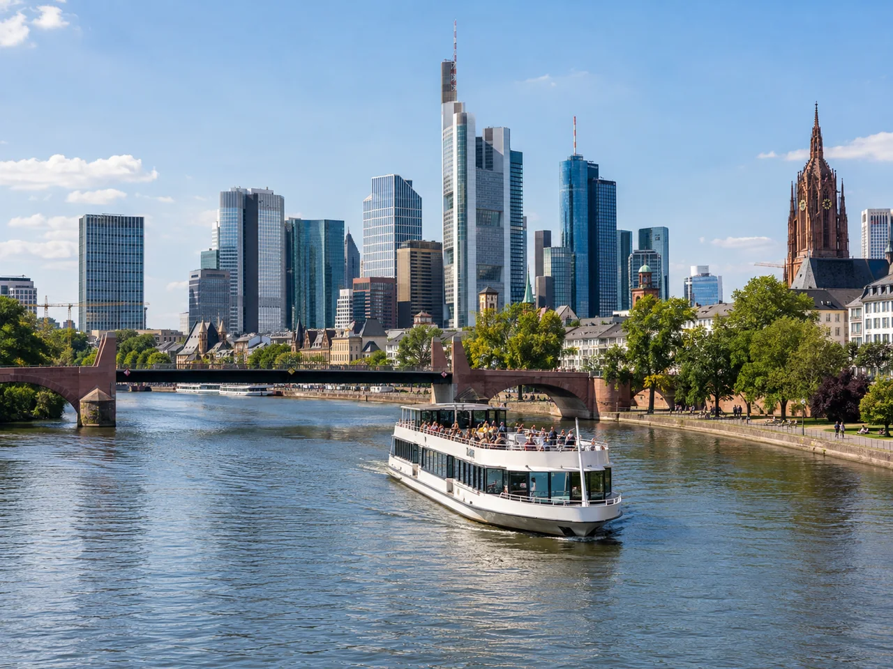 Ausflugsschiff auf dem Main vor der Frankfurter Skyline