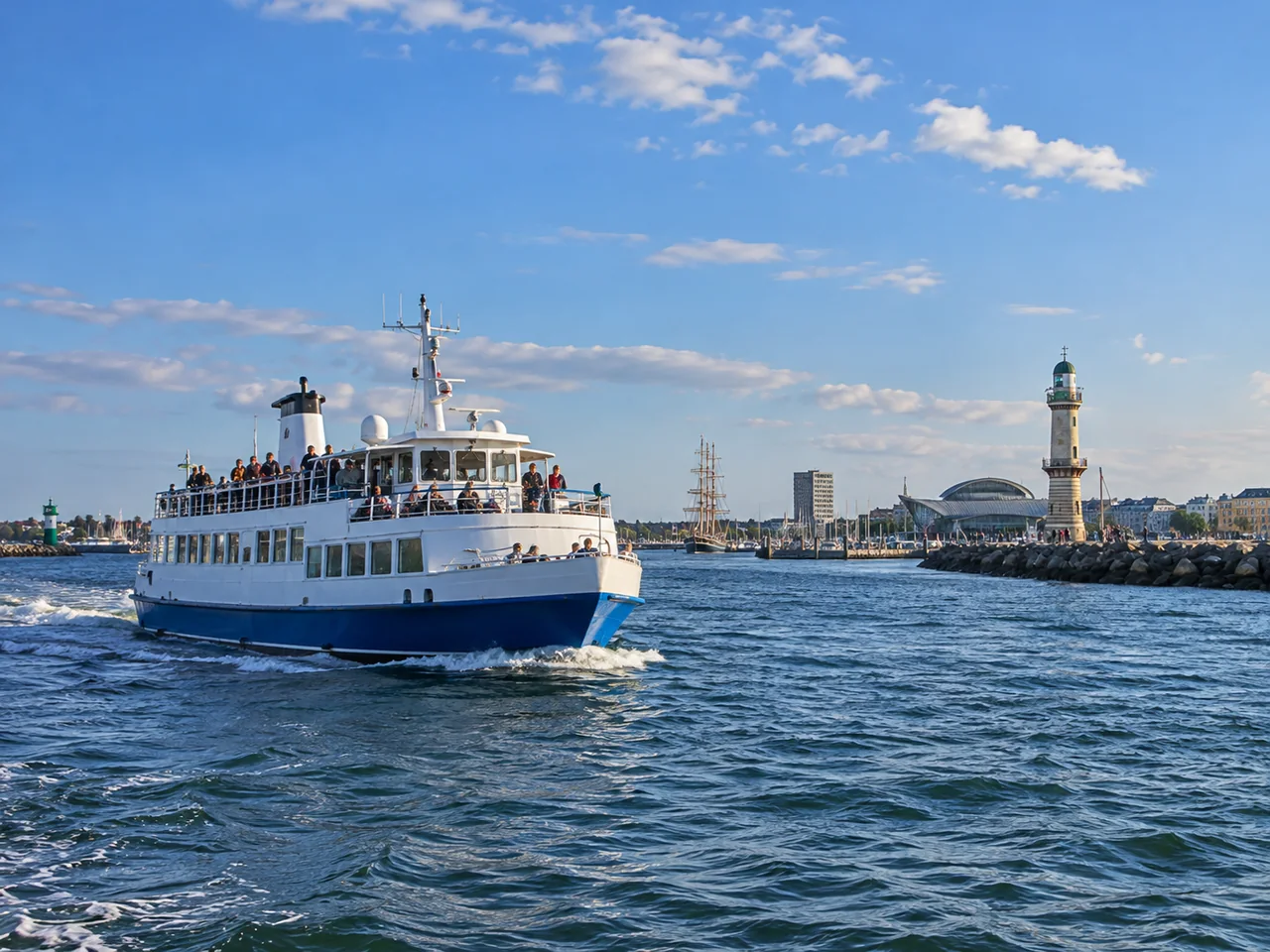 Ausflugsschiff auf dem Wasser in der Region Rostock und Warnemünde